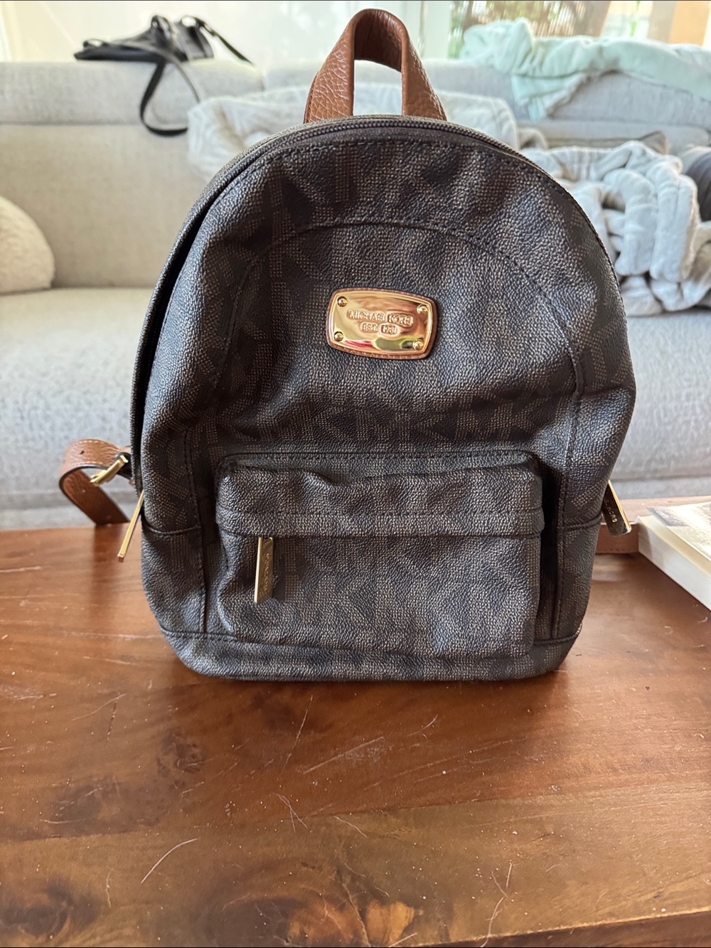 Michael Kors Black Logo Mini Backpack with Brown Accents; like new condition